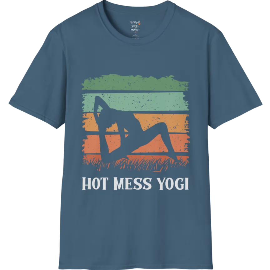 Retro sunset yoga silhouette in backbend pose with striped sky and grass design, "Hot Mess Yogi" text — The Vault collection by Ramro Yoga Wear — Indigo Blue