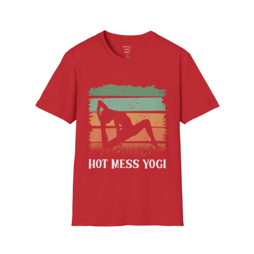 Hot Mess T-Shirt Red featuring retro yoga-inspired sunset artwork with playful vintage energy and calm lifestyle aesthetic. Soft lightweight tee for yoga and wellness lifestyles.