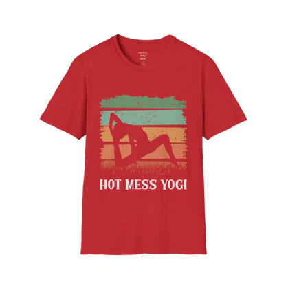 Hot Mess T-Shirt Red featuring retro yoga-inspired sunset artwork with playful vintage energy and calm lifestyle aesthetic. Soft lightweight tee for yoga and wellness lifestyles.