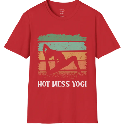 Retro sunset yoga silhouette in backbend pose with striped sky and grass design, "Hot Mess Yogi" text — The Vault collection by Ramro Yoga Wear —  Red