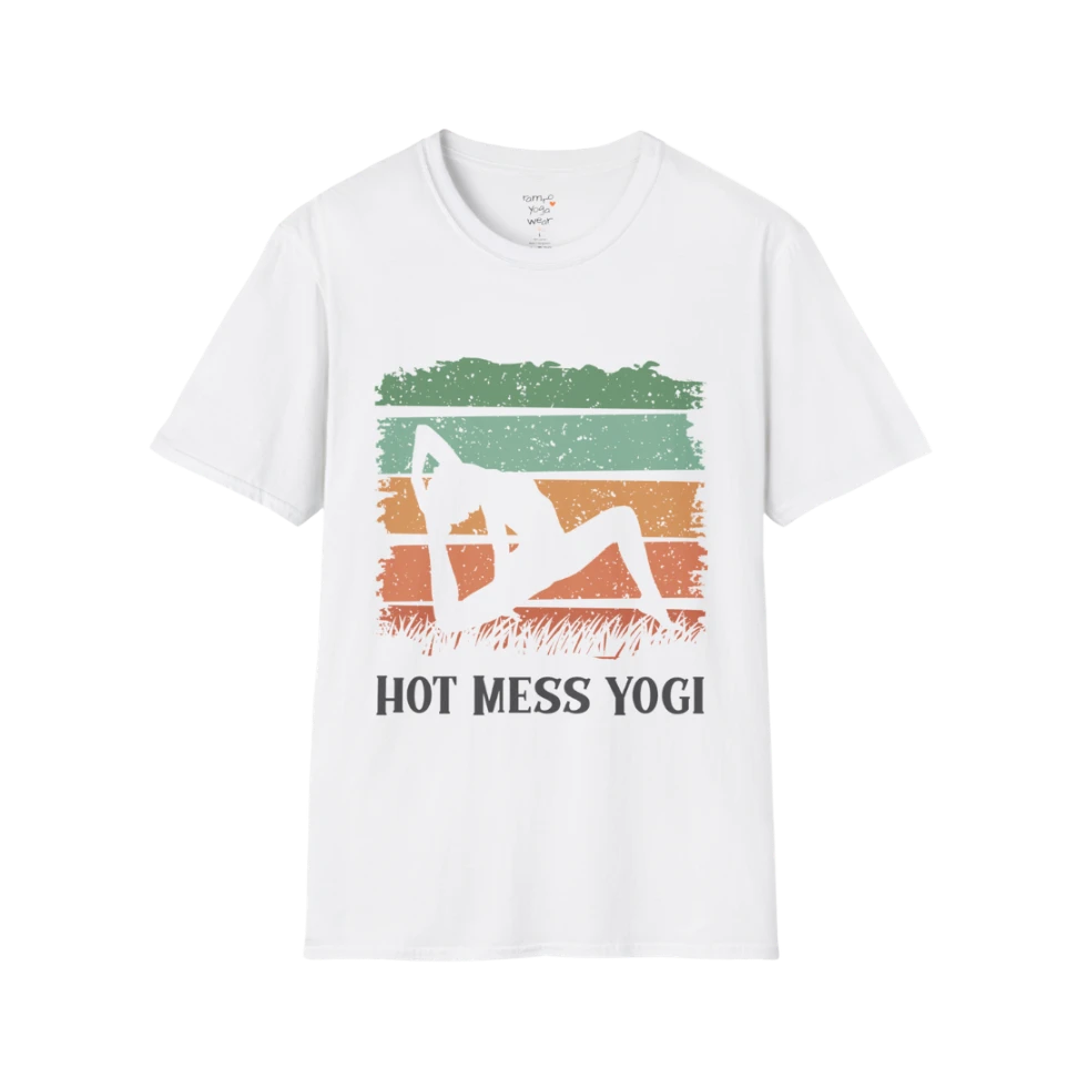 Hot Mess T-Shirt White featuring vintage-inspired sunset yoga artwork with relaxed mindful personality and retro color palette. Soft graphic tee designed for calm everyday wear.