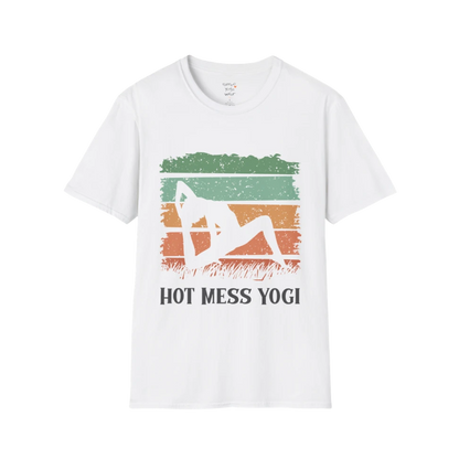 Hot Mess T-Shirt White featuring vintage-inspired sunset yoga artwork with relaxed mindful personality and retro color palette. Soft graphic tee designed for calm everyday wear.