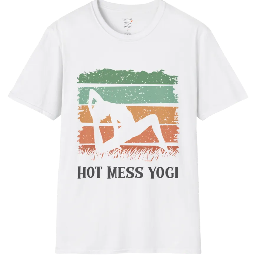 Retro sunset yoga silhouette in backbend pose with striped sky and grass design, "Hot Mess Yogi" text — The Vault collection by Ramro Yoga Wear — White