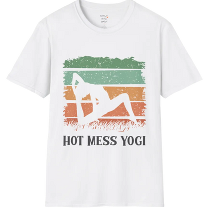 Retro sunset yoga silhouette in backbend pose with striped sky and grass design, "Hot Mess Yogi" text — The Vault collection by Ramro Yoga Wear — White