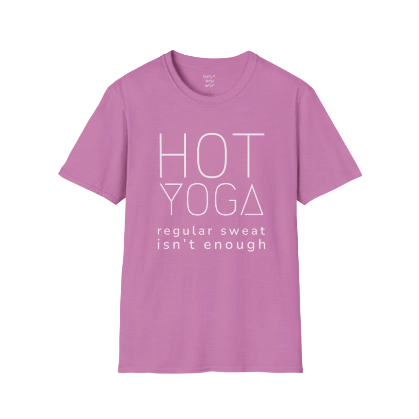 "Hot Yoga, regular sweat isn't enough" typography design on Heather Radiant Orchid tee — The Vault collection by Ramro Yoga Wear