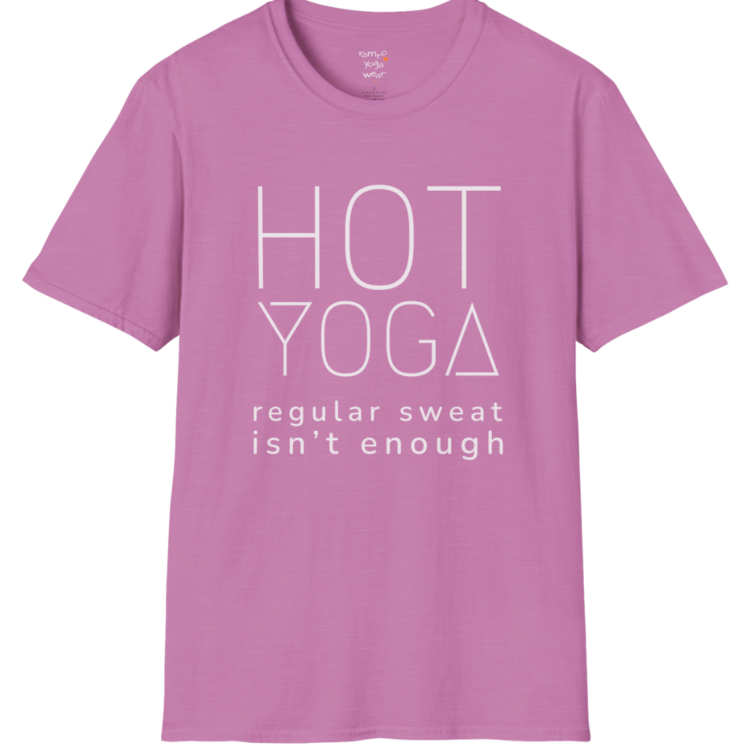 "Hot Yoga, regular sweat isn't enough" typography design on Heather Radiant Orchid tee — The Vault collection by Ramro Yoga Wear