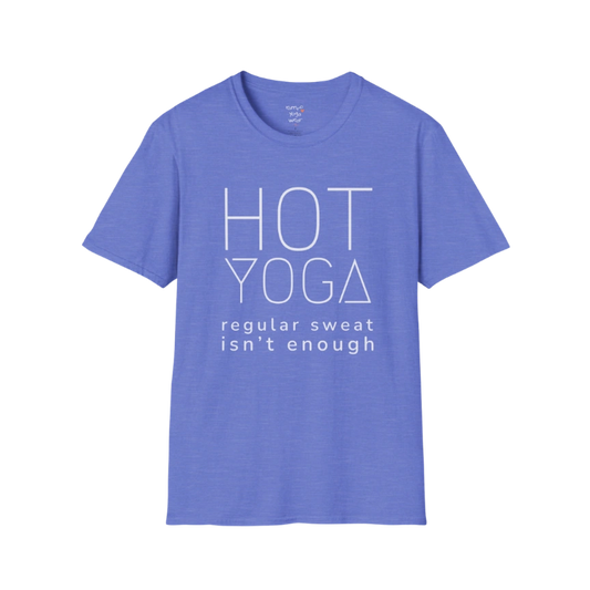 Hot Yoga T-Shirt Heather Royal with bold yoga text design. Comfortable yoga shirt with cool tones and relaxed, everyday style.