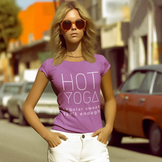 Hot Yoga T-Shirt Lifestyle 2 featuring model seated in relaxed urban setting. Minimalist yoga tee styled with calm, effortless streetwear vibe.