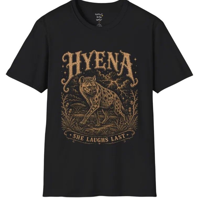Hyena T-Shirt flat lay with the hyena pacing through the African bush beneath lightning and storm clouds — vintage engraved graphic tee by Ramro Yoga Wear in Black.