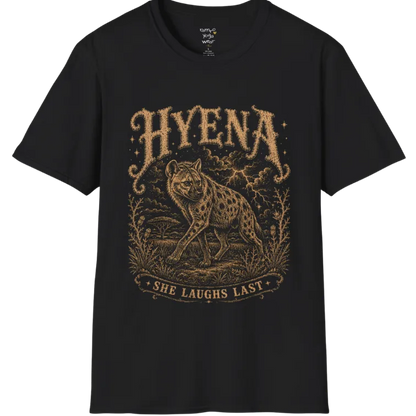 Hyena T-Shirt flat lay with the hyena pacing through the African bush beneath lightning and storm clouds — vintage engraved graphic tee by Ramro Yoga Wear in Black.