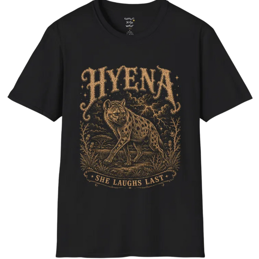 Hyena T-Shirt flat lay with the hyena pacing through the African bush beneath lightning and storm clouds — vintage engraved graphic tee by Ramro Yoga Wear in Black.