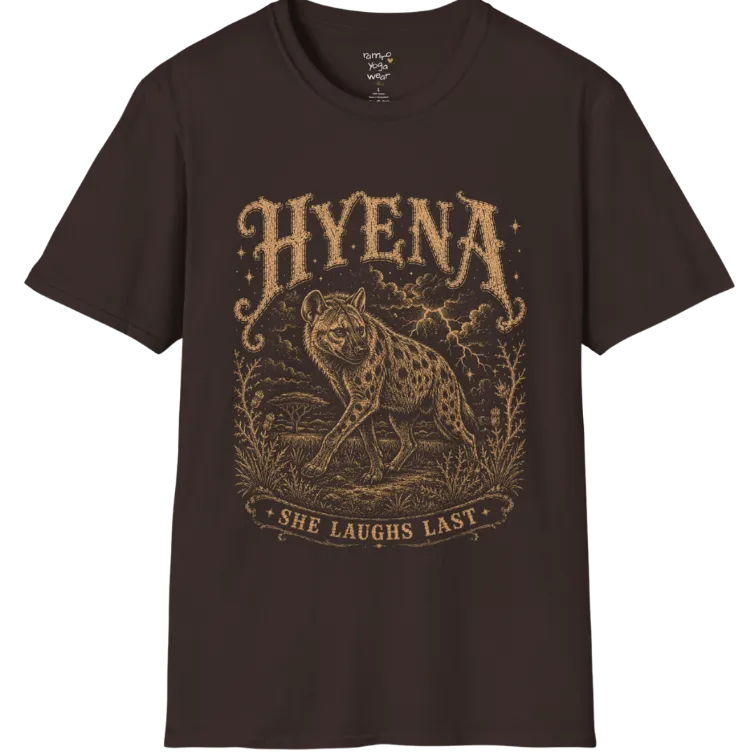 Hyena T-Shirt flat lay with the hyena pacing through the African bush beneath lightning and storm clouds — vintage engraved graphic tee by Ramro Yoga Wear in Dark Chocolate.