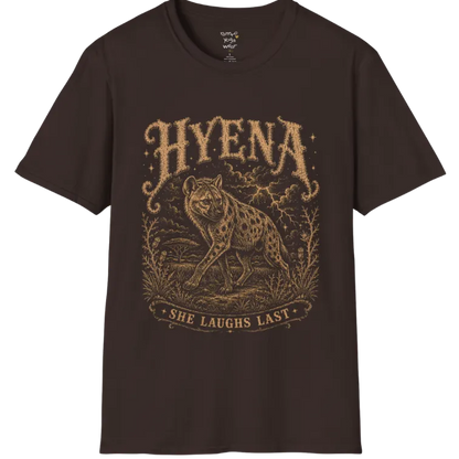 Hyena T-Shirt flat lay with the hyena pacing through the African bush beneath lightning and storm clouds — vintage engraved graphic tee by Ramro Yoga Wear in Dark Chocolate.