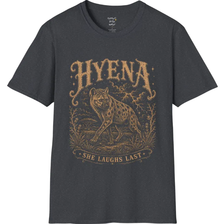 Hyena T-Shirt flat lay with the hyena pacing through the African bush beneath lightning and storm clouds — vintage engraved graphic tee by Ramro Yoga Wear in Dark Heather Grey.