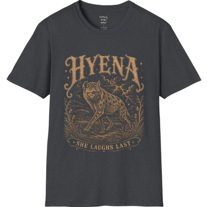 Hyena T-Shirt flat lay with the hyena pacing through the African bush beneath lightning and storm clouds — vintage engraved graphic tee by Ramro Yoga Wear in Dark Heather Grey.