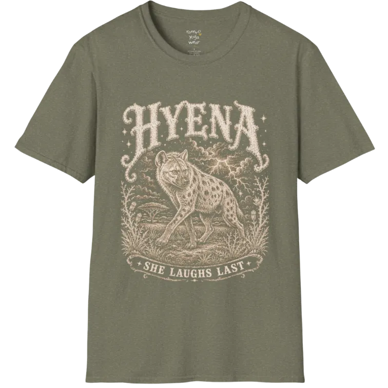 Hyena T-Shirt flat lay with the hyena pacing through the African bush beneath lightning and storm clouds — vintage engraved graphic tee by Ramro Yoga Wear in Heather Military Green.
