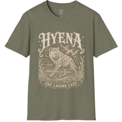 Hyena T-Shirt flat lay with the hyena pacing through the African bush beneath lightning and storm clouds — vintage engraved graphic tee by Ramro Yoga Wear in Heather Military Green.