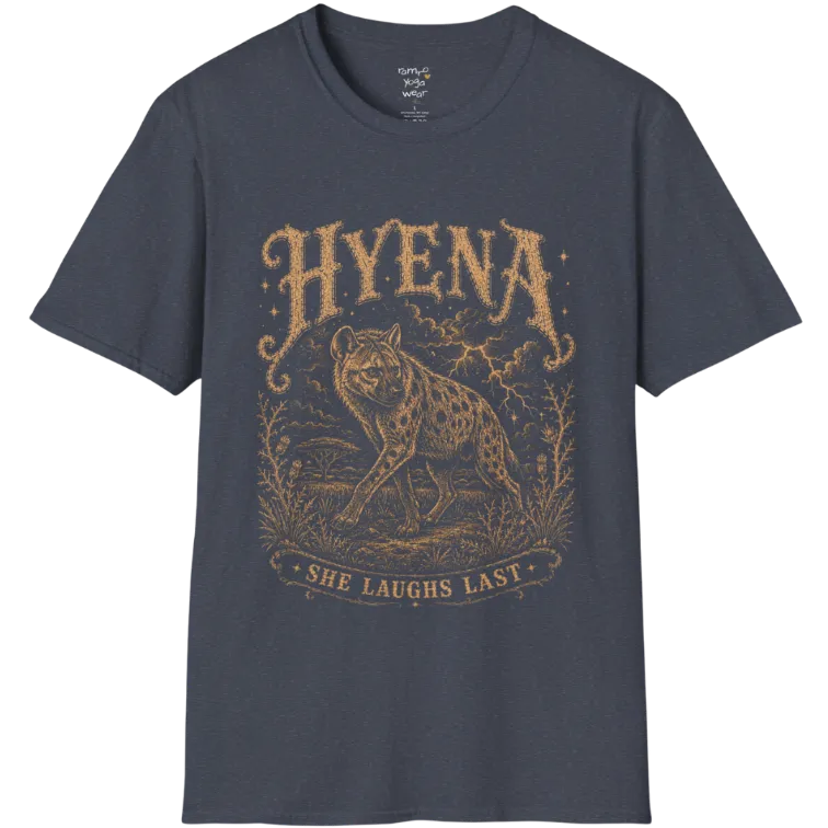 Hyena T-Shirt flat lay with the hyena pacing through the African bush beneath lightning and storm clouds — vintage engraved graphic tee by Ramro Yoga Wear in Heather Navy.