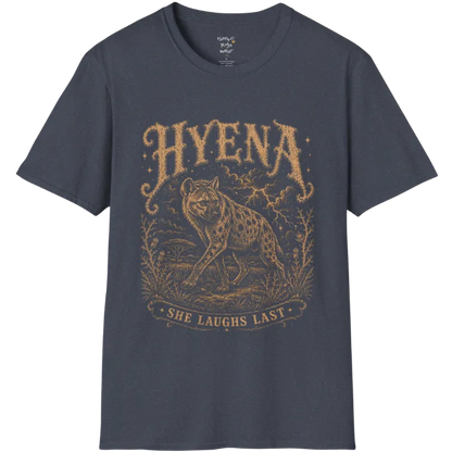 Hyena T-Shirt flat lay with the hyena pacing through the African bush beneath lightning and storm clouds — vintage engraved graphic tee by Ramro Yoga Wear in Heather Navy.