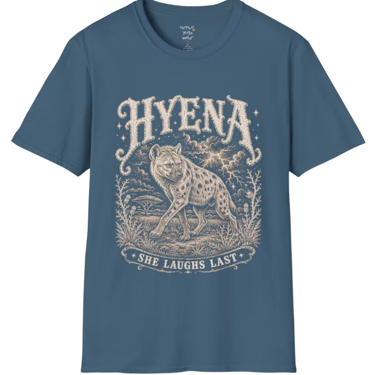 Hyena T-Shirt flat lay with the hyena pacing through the African bush beneath lightning and storm clouds — vintage engraved graphic tee by Ramro Yoga Wear in Indigo Blue.