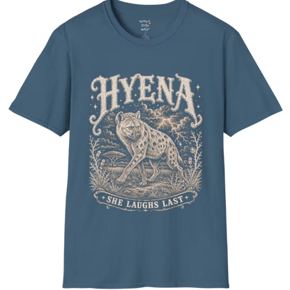 Hyena T-Shirt flat lay with the hyena pacing through the African bush beneath lightning and storm clouds — vintage engraved graphic tee by Ramro Yoga Wear in Indigo Blue.