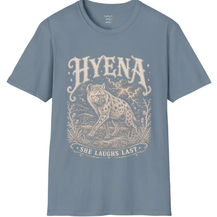 Hyena T-Shirt flat lay with the hyena pacing through the African bush beneath lightning and storm clouds — vintage engraved graphic tee by Ramro Yoga Wear in Stone Blue.