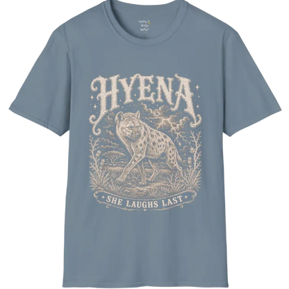 Hyena T-Shirt flat lay with the hyena pacing through the African bush beneath lightning and storm clouds — vintage engraved graphic tee by Ramro Yoga Wear in Stone Blue.