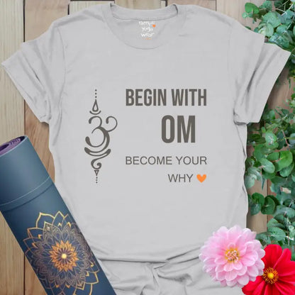 Minimalist yoga tee in soft ice gray with Om symbol and orange heart accent.