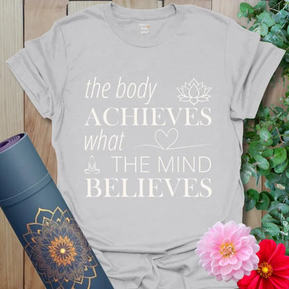 Ice Grey Achieve T-Shirt with soft white typography and minimal yoga-themed symbols. Clean and calm aesthetic for everyday empowerment.