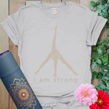 Ice Grey I Am Strong T-Shirt with minimalist yoga design and mantra “I Am Strong.” Mindful lifestyle affirmation shirt.