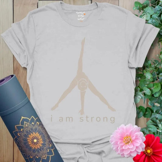 Ice Grey I Am Strong T-Shirt with minimalist yoga design and mantra “I Am Strong.” Mindful lifestyle affirmation shirt.