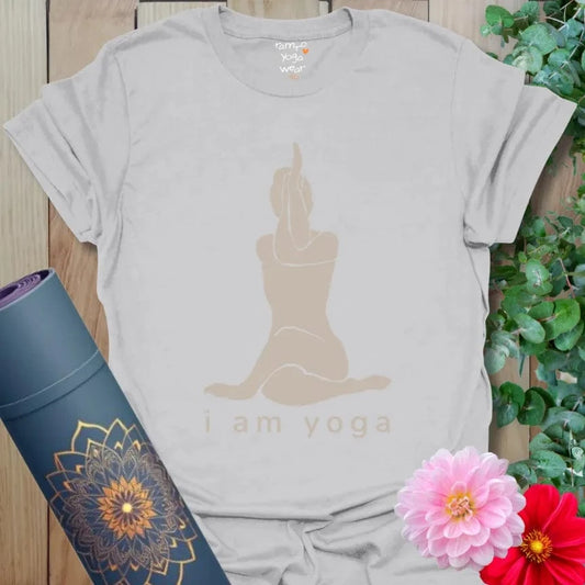 Ice Grey I Am Yoga T-Shirt with clean design: yogi pose outline and “I Am Yoga” affirmation. Lightweight yoga tee for mindfulness and comfort.