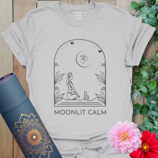 Ice Grey Moonlit T-Shirt with peaceful meditating woman and cat under a crescent moon and Om symbol.