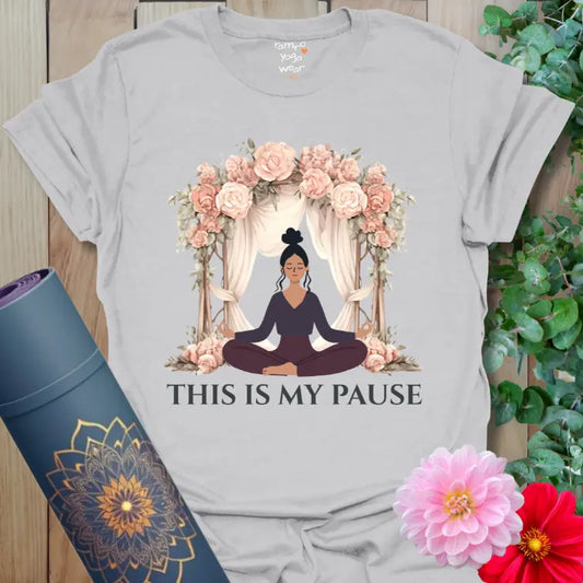 Ice Grey My Pause T-Shirt showcasing a calm meditation illustration with floral details.