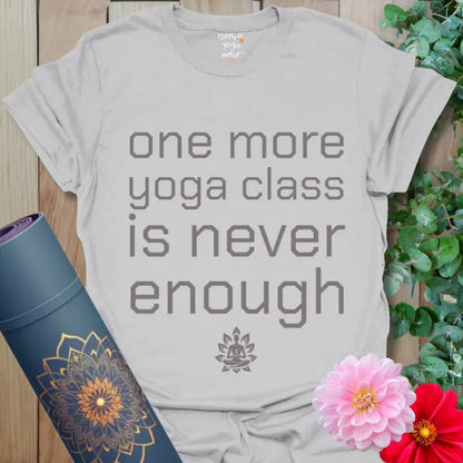 Ice Grey One More Class T-Shirt with minimalist stacked text and small lotus symbol.