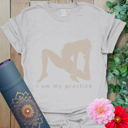 Ice Grey Practice T-Shirt with bold yoga pose silhouette and mindful slogan. Minimalist yoga shirt.
