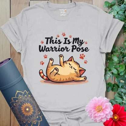 Ice Grey Sleepy Warrior Cat T-Shirt with playful cat illustration and “This Is My Warrior Pose” text.