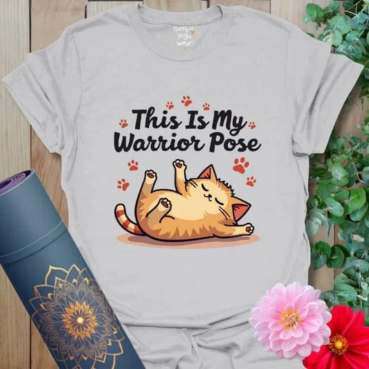 Ice Grey Sleepy Warrior Cat T-Shirt with playful cat illustration and “This Is My Warrior Pose” text.
