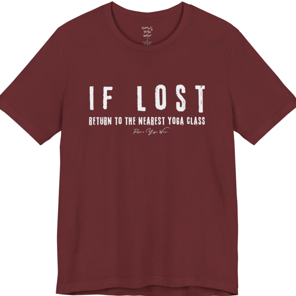 Bold typography reading "If Lost, Return To The Nearest Yoga Class" — Funny Yoga Shirts collection by Ramro Yoga Wear in Heather Cardinal