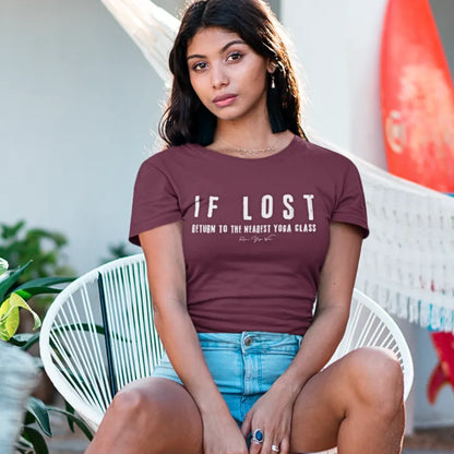 Person wearing If Lost tee in Heather Cardinal sacred yoga shirt sitting on a wicker chair outdoors — Funny Yoga Shirts collection by Ramro Yoga Wear