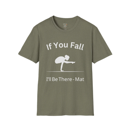 Balancing pose illustration with "If You Fall I'll Be There – Mat" typography on Heather Military Green tee — The Vault collection by Ramro Yoga Wear