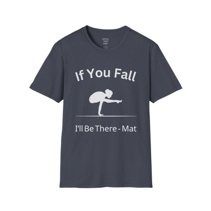 Balancing pose illustration with "If You Fall I'll Be There – Mat" typography on Heather Navy tee — The Vault collection by Ramro Yoga Wear