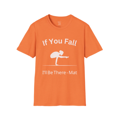 Balancing pose illustration with "If You Fall I'll Be There – Mat" typography on Heather Orange tee — The Vault collection by Ramro Yoga Wear