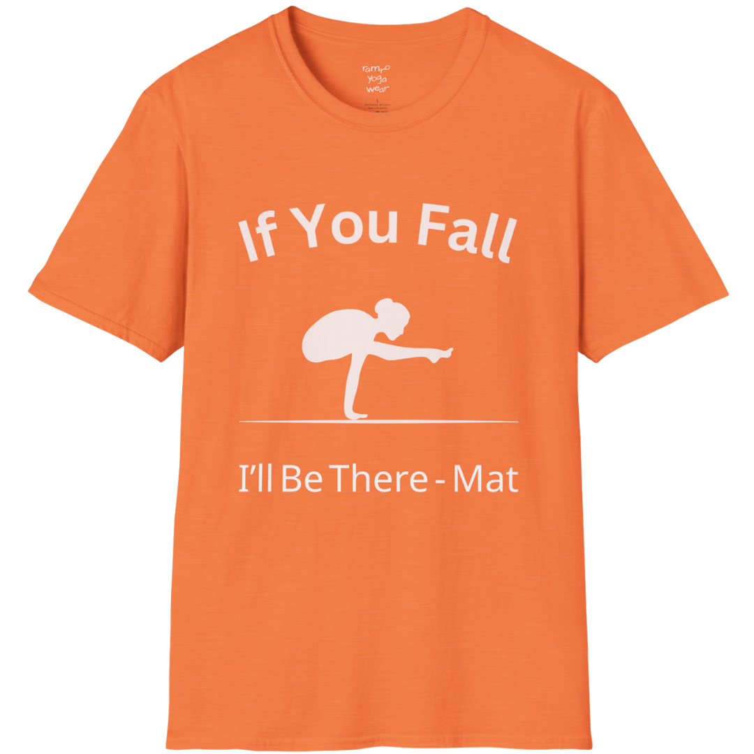 Balancing pose illustration with "If You Fall I'll Be There – Mat" typography on Heather Orange tee — The Vault collection by Ramro Yoga Wear