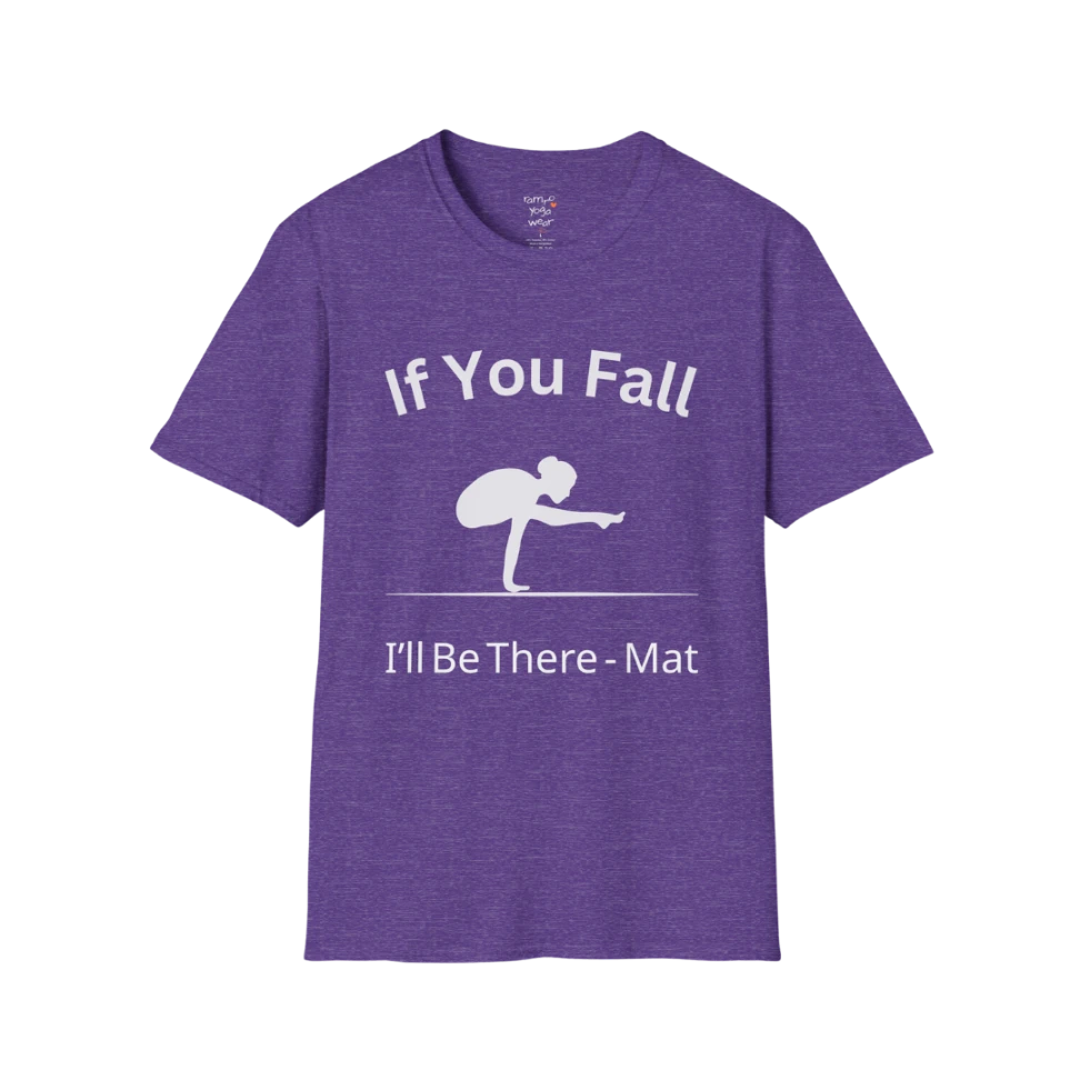 Balancing pose illustration with "If You Fall I'll Be There – Mat" typography on Heather Purple tee — The Vault collection by Ramro Yoga Wear