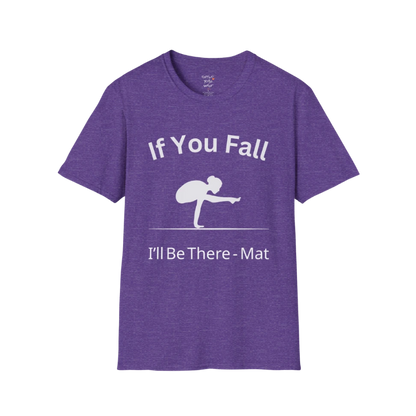 Balancing pose illustration with "If You Fall I'll Be There – Mat" typography on Heather Purple tee — The Vault collection by Ramro Yoga Wear