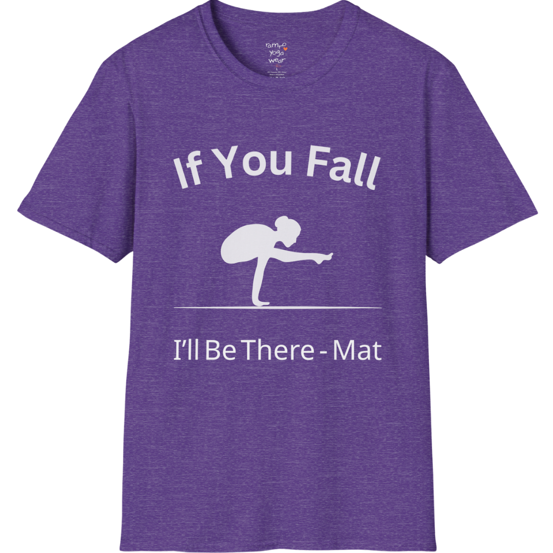 Balancing pose illustration with "If You Fall I'll Be There – Mat" typography on Heather Purple tee — The Vault collection by Ramro Yoga Wear