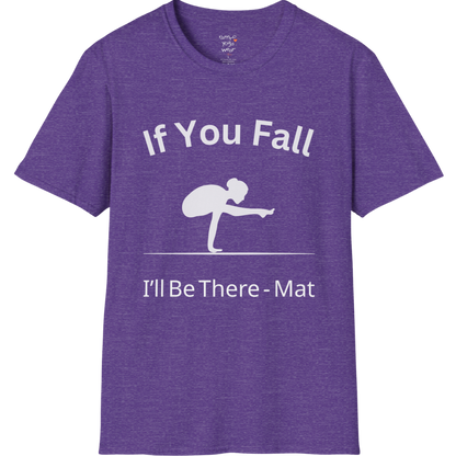 Balancing pose illustration with "If You Fall I'll Be There – Mat" typography on Heather Purple tee — The Vault collection by Ramro Yoga Wear