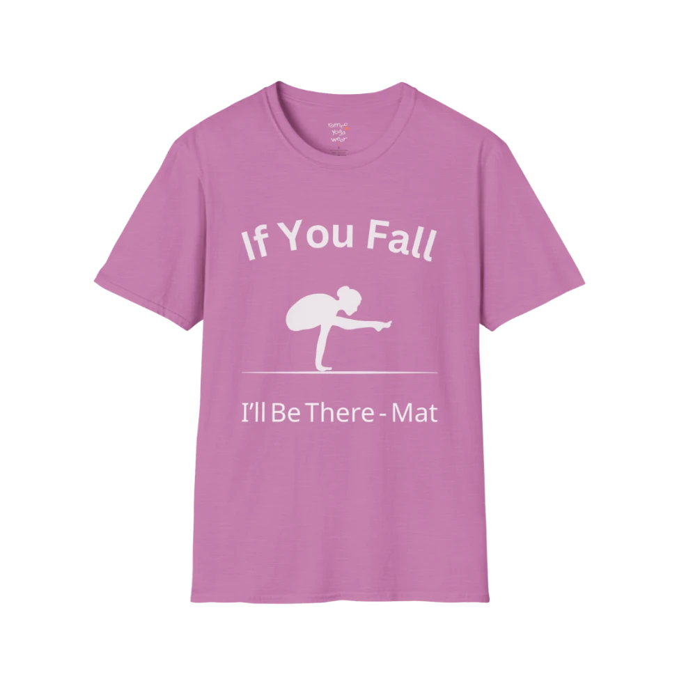 Balancing pose illustration with "If You Fall I'll Be There – Mat" typography on Heather Radiant Orchid tee — The Vault collection by Ramro Yoga Wear