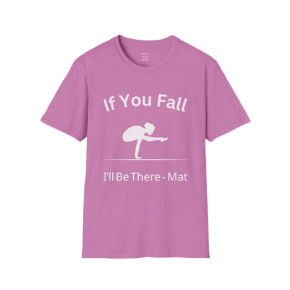 Balancing pose illustration with "If You Fall I'll Be There – Mat" typography on Heather Radiant Orchid tee — The Vault collection by Ramro Yoga Wear